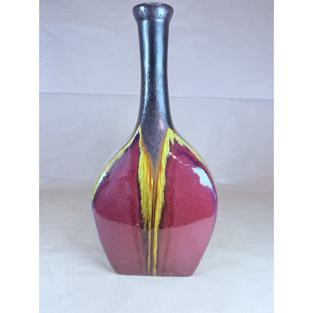 18" Tall Ceramic Vase Burgundy Red Gold Black Reactive Glaze Modern Art Decor